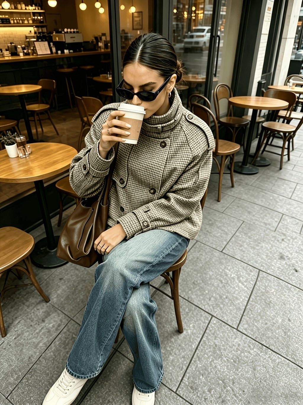 Women's Checkered Jacket with High Collar and Relaxed Fit - 6 - London-stylehouse.com