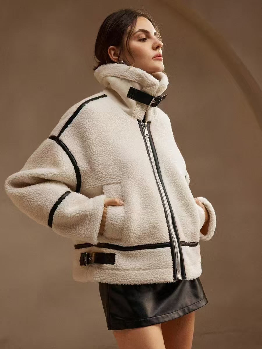 Women's Relaxed Fit Jacket with High Collar and Contrast Details - 1 - London-stylehouse.com