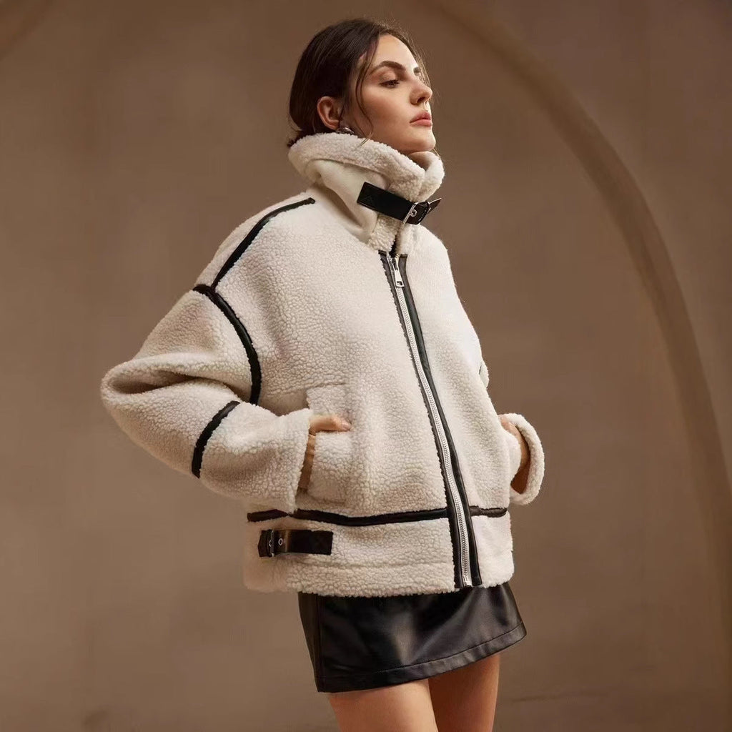 Women's Relaxed Fit Jacket with High Collar and Contrast Details - 2 - London-stylehouse.com