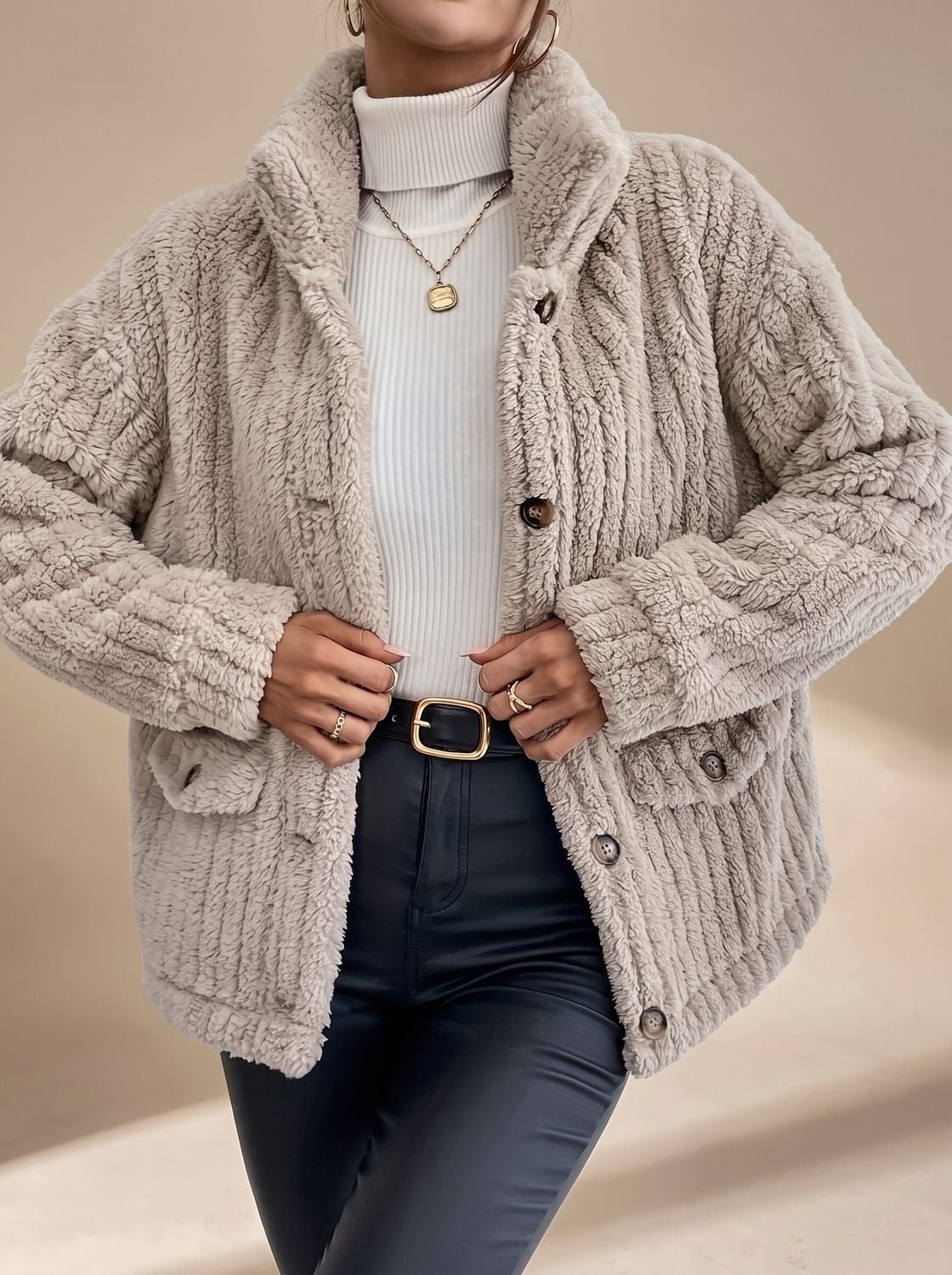Women's Textured Jacket with Button Closure and Pockets - 1 - London-stylehouse.com