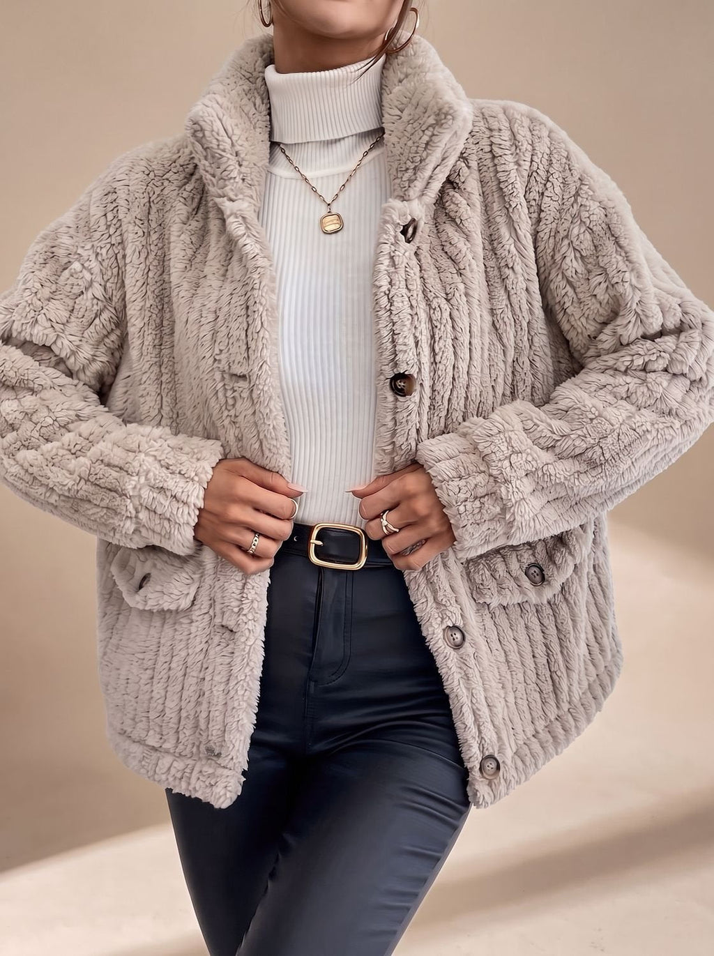 Women's Textured Jacket with Button Closure and Pockets - 2 - London-stylehouse.com