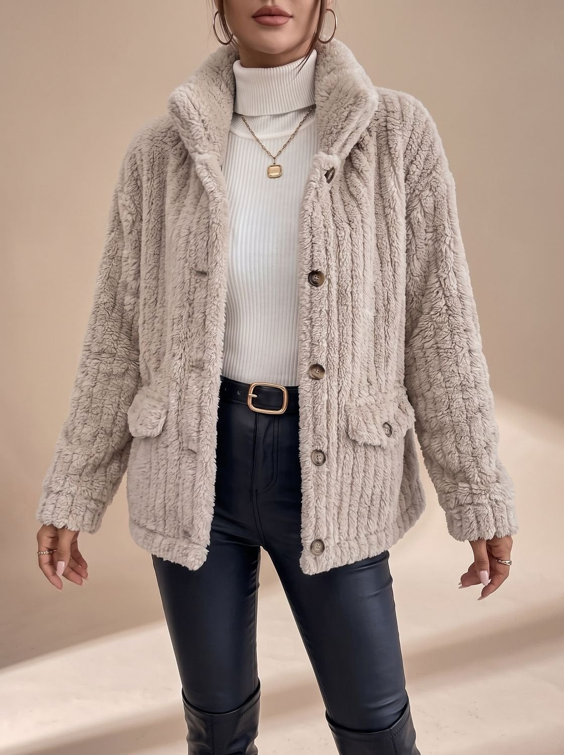 Women's Textured Jacket with Button Closure and Pockets - 3 - London-stylehouse.com