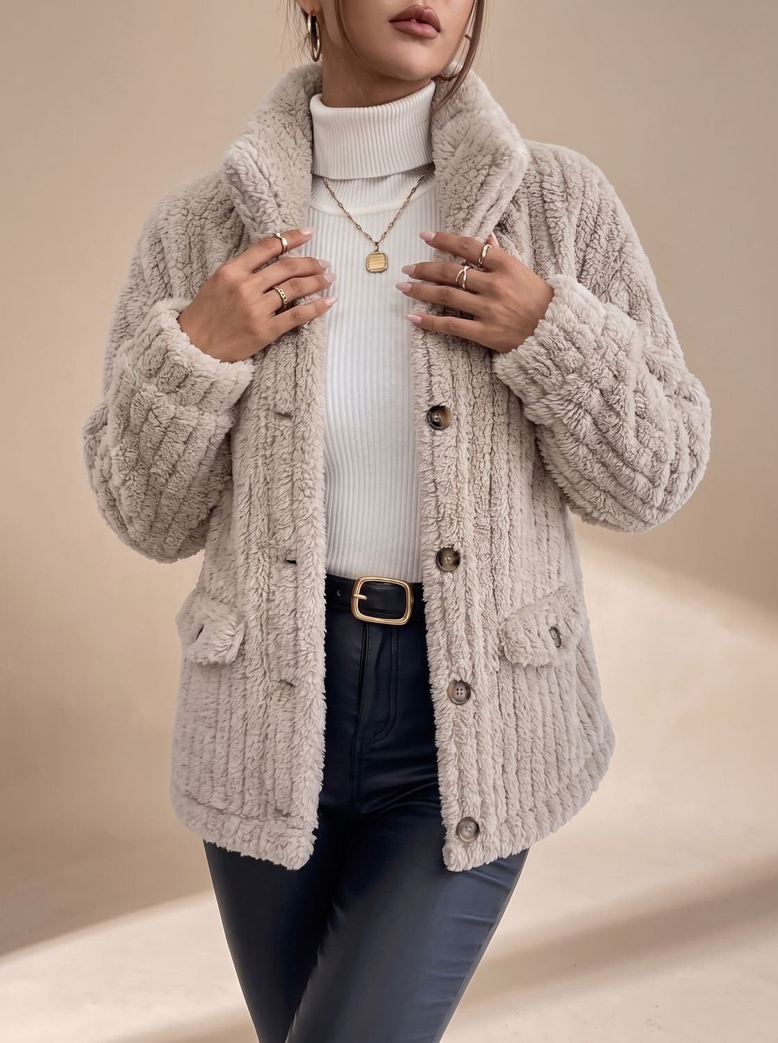 Women's Textured Jacket with Button Closure and Pockets - 5 - London-stylehouse.com