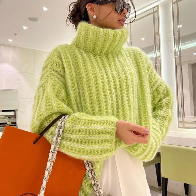 Women's Chunky Knit Pullover with High Neck and Oversized Sleeves - 4 - London-stylehouse.com