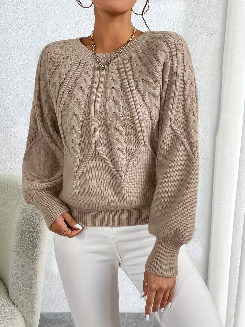 Women's Pullover with Cable Knit Design and Balloon Sleeves - 1 - London-stylehouse.com