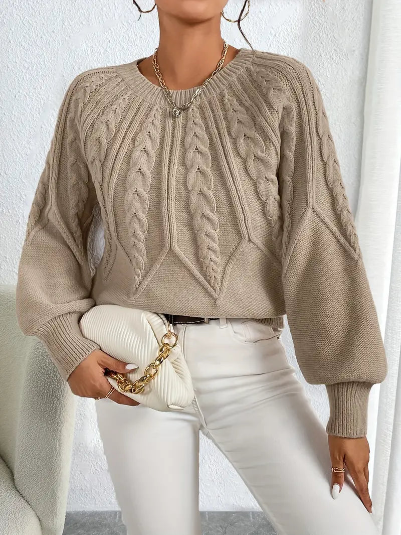 Women's Pullover with Cable Knit Design and Balloon Sleeves - 4 - London-stylehouse.com