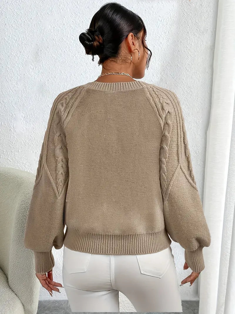 Women's Pullover with Cable Knit Design and Balloon Sleeves - 6 - London-stylehouse.com