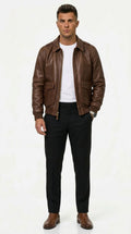 Men's Brown Leather Bomber Jacket with Tailored Fit - 1 - London-stylehouse.com