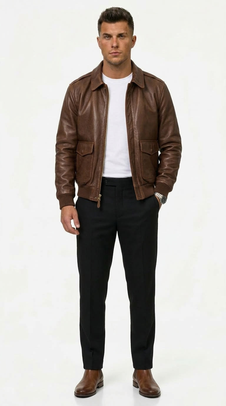 Men's Brown Leather Bomber Jacket with Tailored Fit - 1 - London-stylehouse.com
