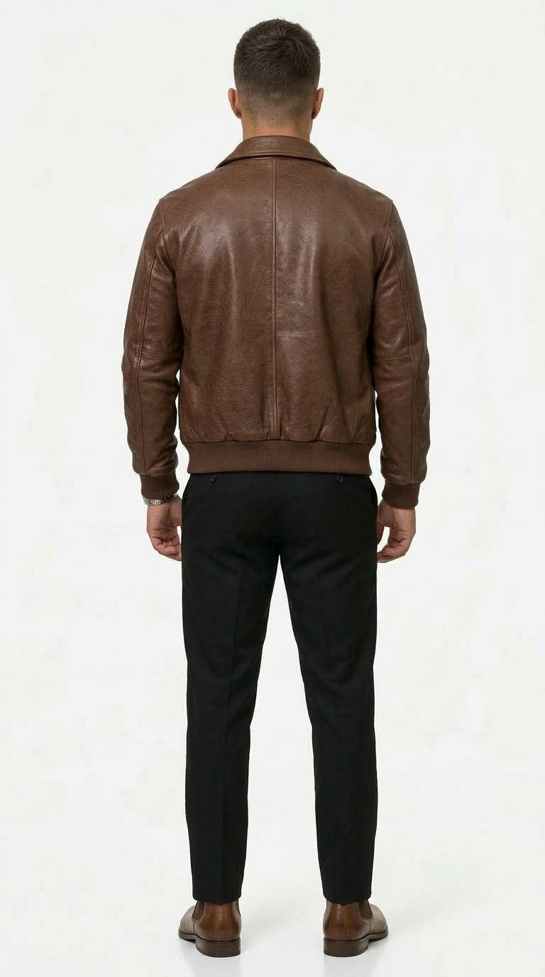 Men's Brown Leather Bomber Jacket with Tailored Fit - 2 - London-stylehouse.com