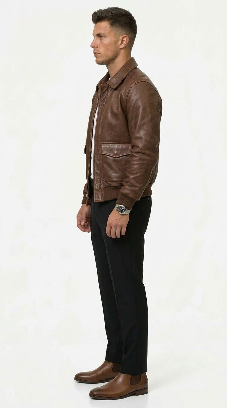 Men's Brown Leather Bomber Jacket with Tailored Fit - 3 - London-stylehouse.com