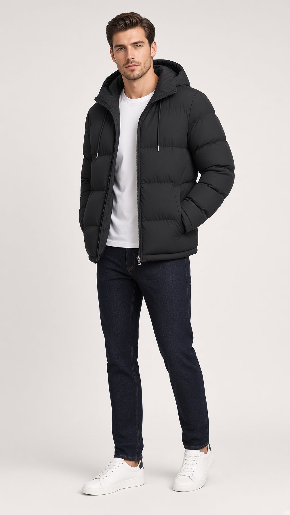 Men's Puffer Jacket with Hood and Zip Pockets - 1 - London-stylehouse.com