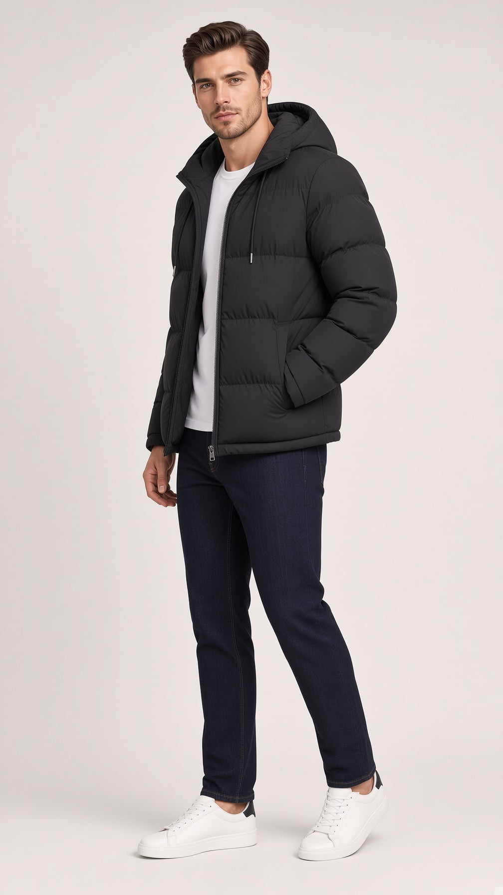 Men's Puffer Jacket with Hood and Zip Pockets - 2 - London-stylehouse.com