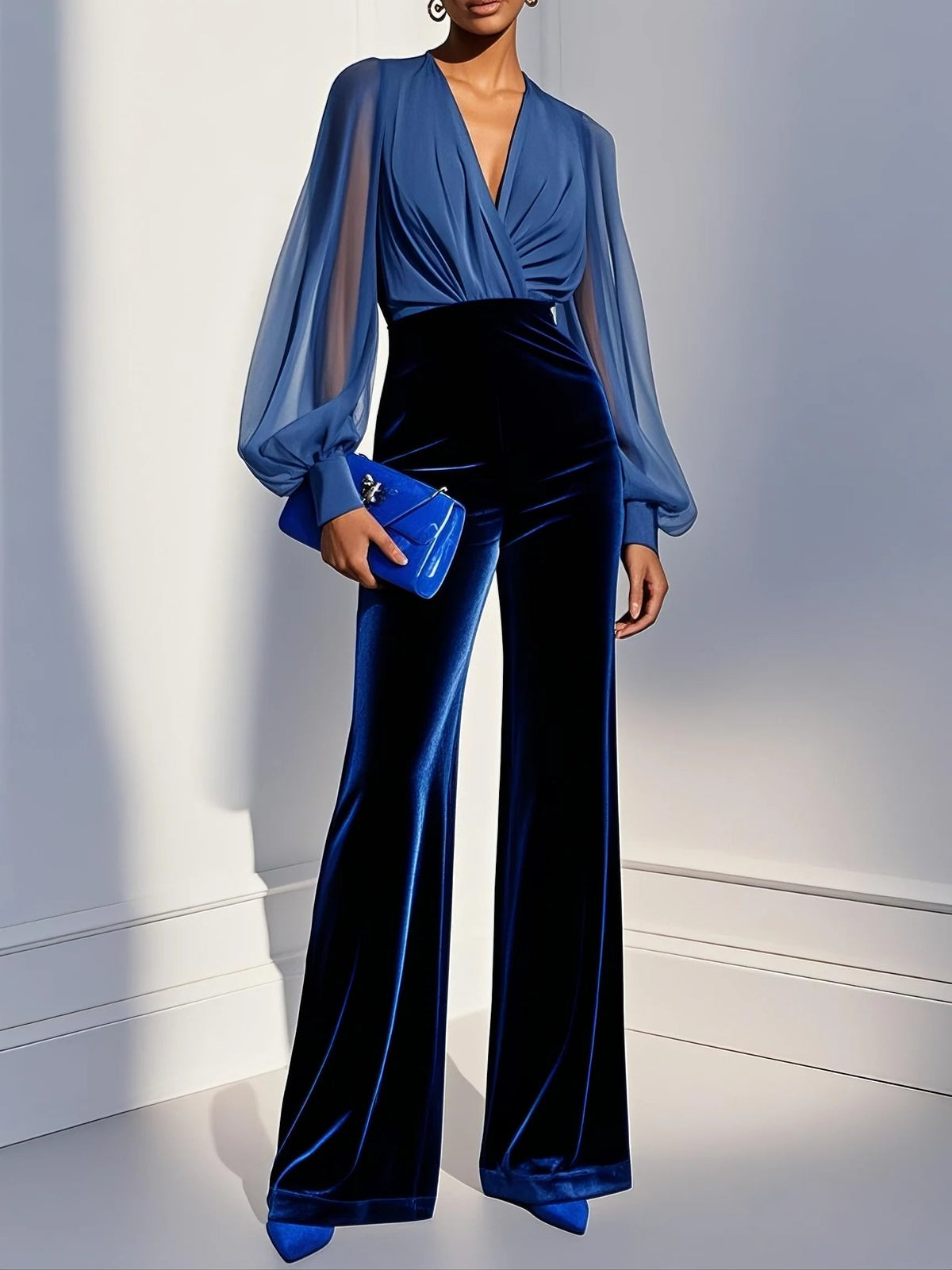 Women's Wrap Top Jumpsuit with Long Sleeves and Flared Trousers - 1 - London-stylehouse.com