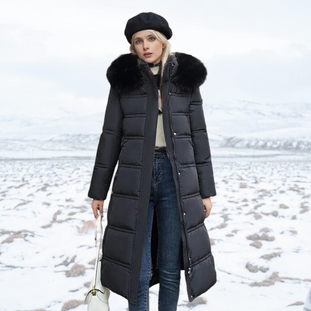 Long Women's Puffer Coat with Faux Fur Hood and Zip Closure - 1 - London-stylehouse.com