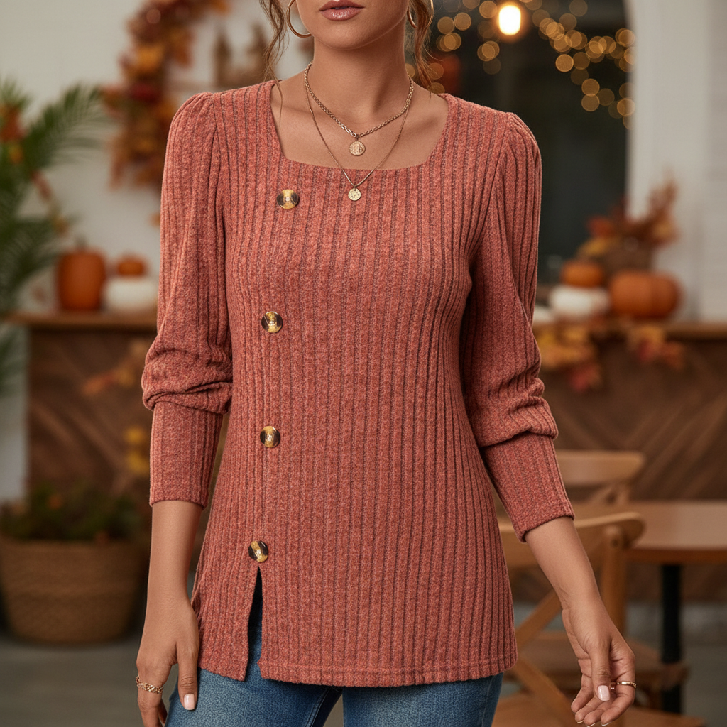 Pullover Women's Ribbed Top with Square Neckline and Button Details - 1 - London-stylehouse.com