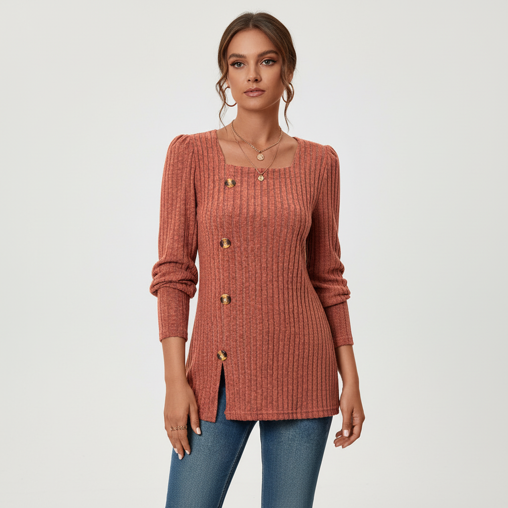 Pullover Women's Ribbed Top with Square Neckline and Button Details - 2 - London-stylehouse.com