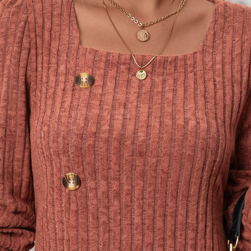 Pullover Women's Ribbed Top with Square Neckline and Button Details - 3 - London-stylehouse.com