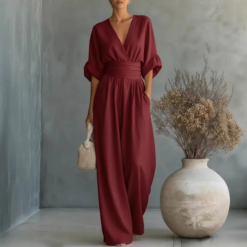 Jumpsuit Women’s V-Neck with Tie Waist and Puff Sleeves - 1 - London-stylehouse.com