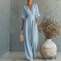 Jumpsuit Women’s V-Neck with Tie Waist and Puff Sleeves - 2 - London-stylehouse.com