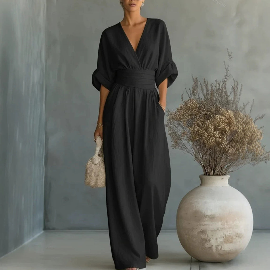 Jumpsuit Women’s V-Neck with Tie Waist and Puff Sleeves - 3 - London-stylehouse.com