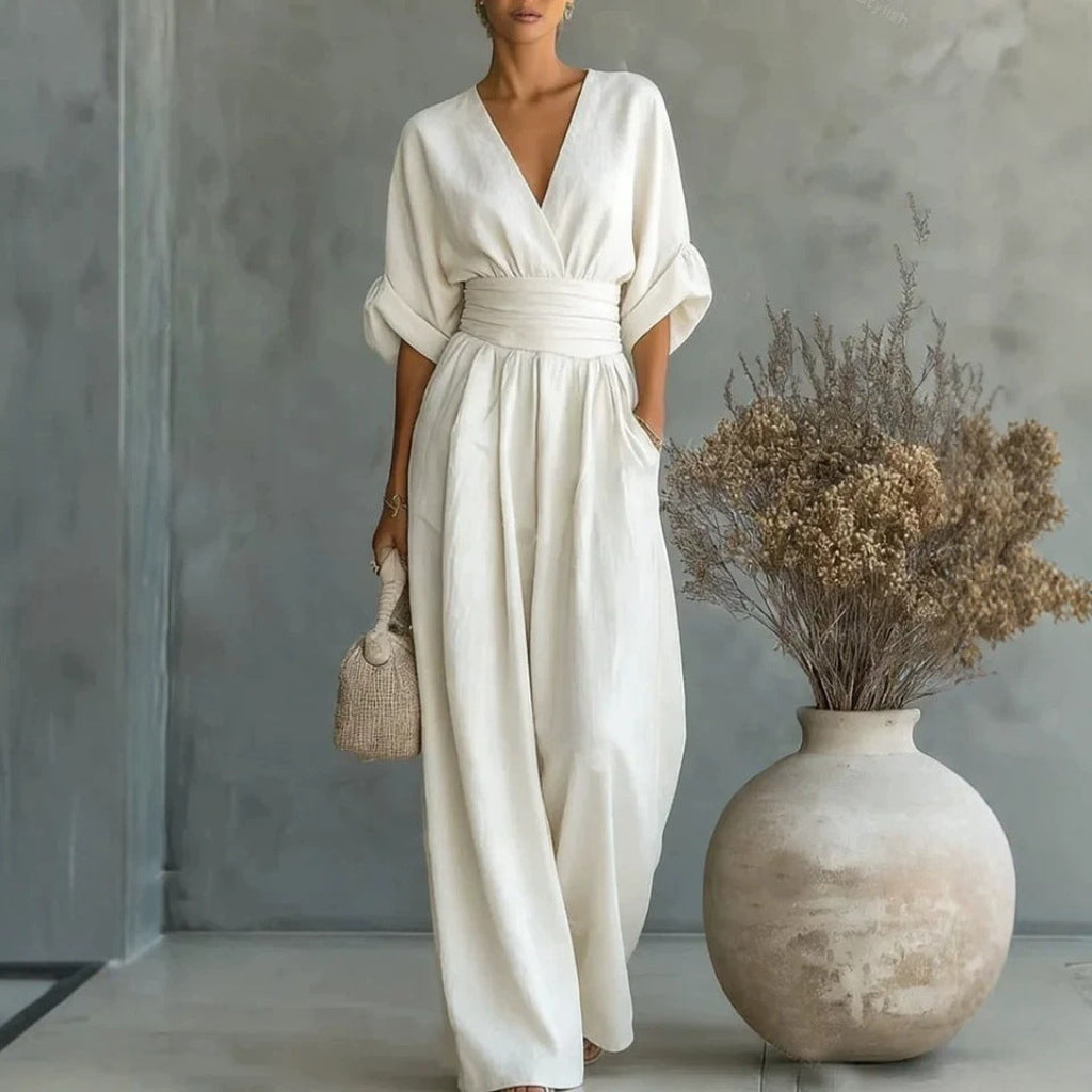 Jumpsuit Women’s V-Neck with Tie Waist and Puff Sleeves - 4 - London-stylehouse.com