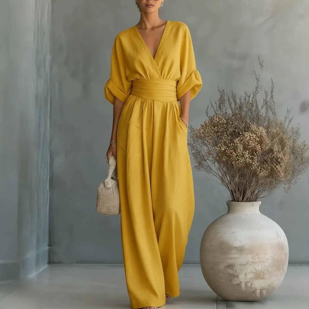 Jumpsuit Women’s V-Neck with Tie Waist and Puff Sleeves - 5 - London-stylehouse.com