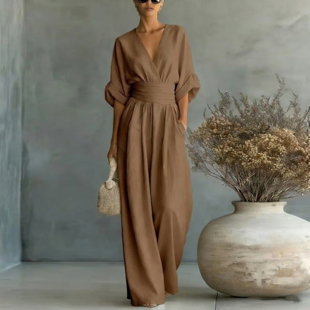 Jumpsuit Women’s V-Neck with Tie Waist and Puff Sleeves - 6 - London-stylehouse.com