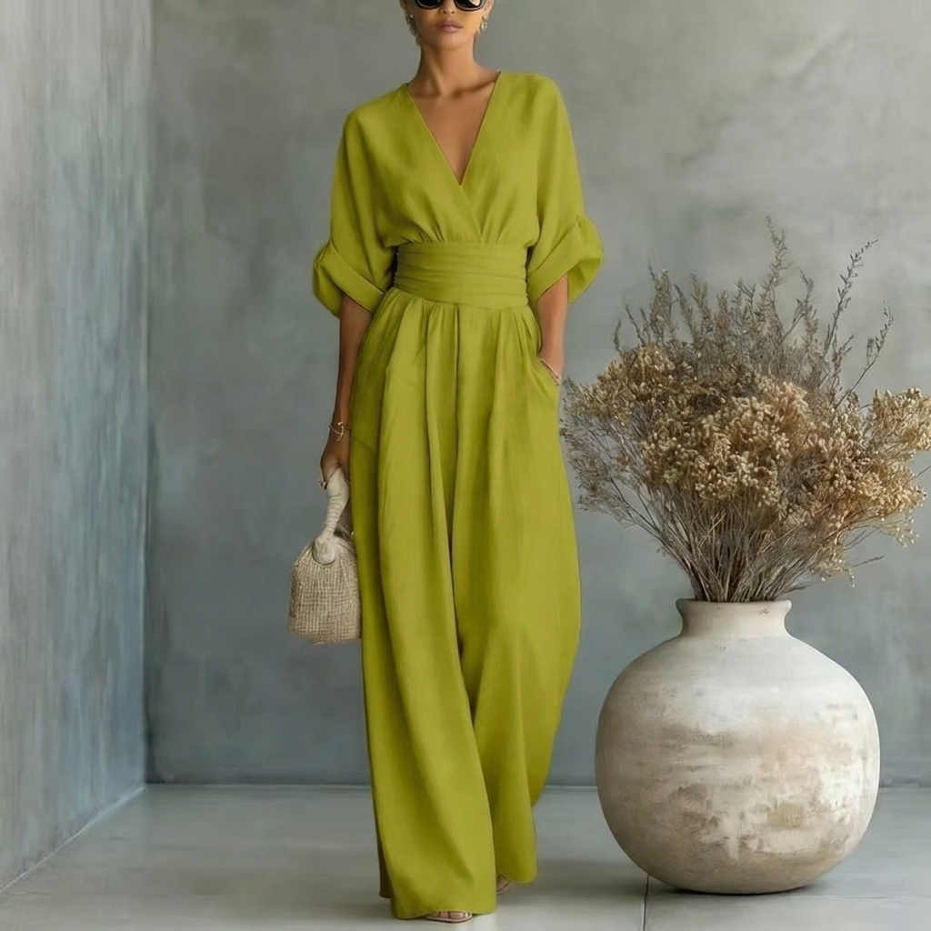 Jumpsuit Women’s V-Neck with Tie Waist and Puff Sleeves - 8 - London-stylehouse.com