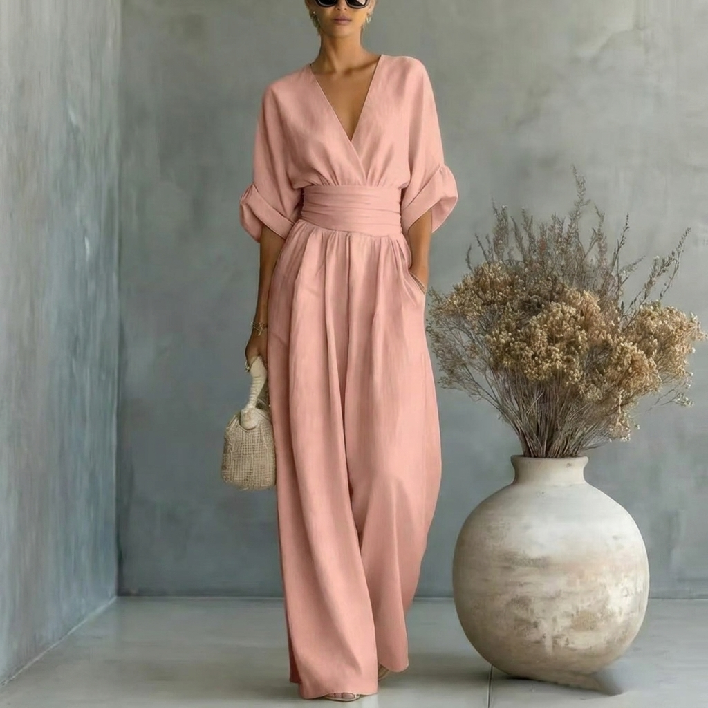 Jumpsuit Women’s V-Neck with Tie Waist and Puff Sleeves - 10 - London-stylehouse.com