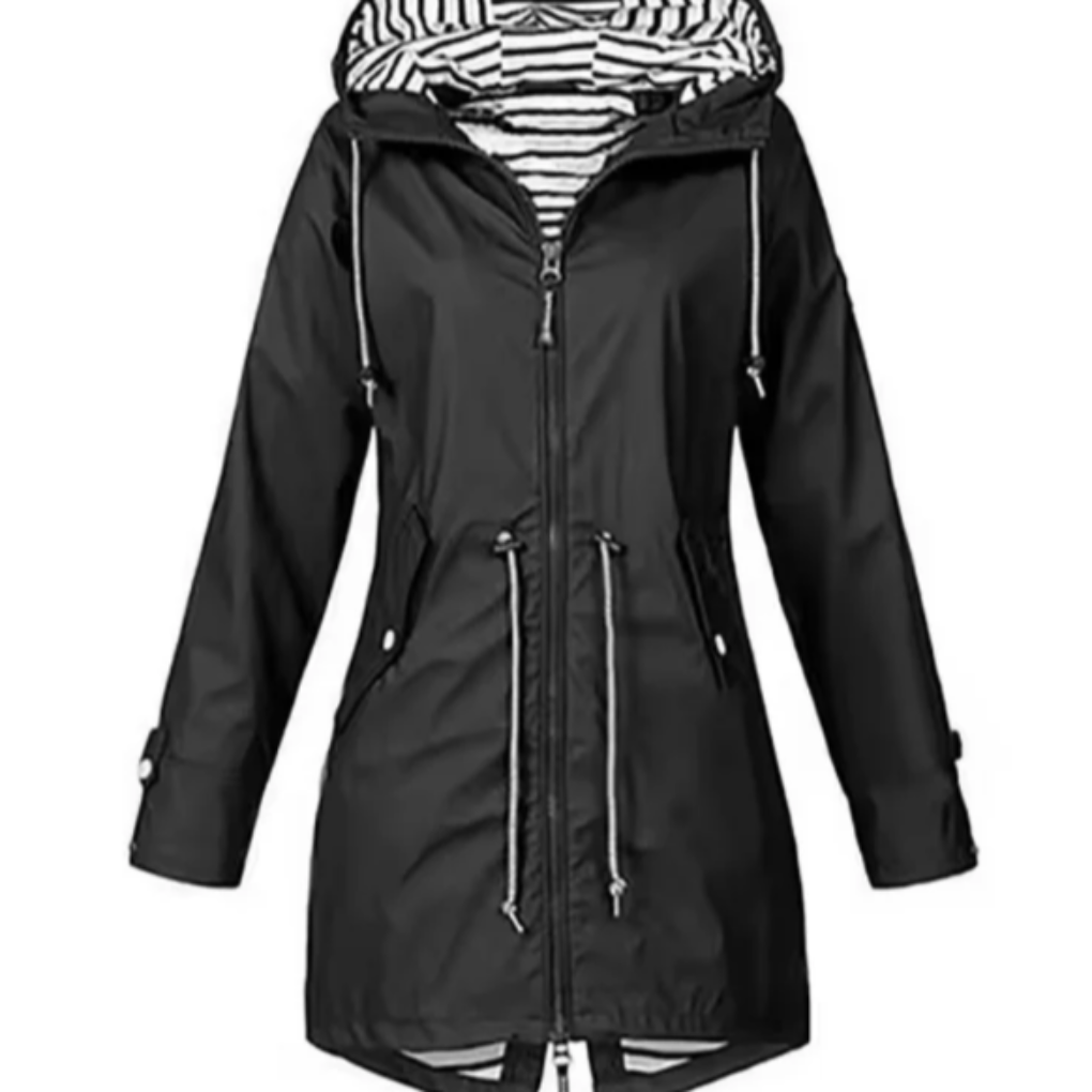 Hooded Women's Jacket with Drawstring Waist and Striped Lining - 1 - London-stylehouse.com