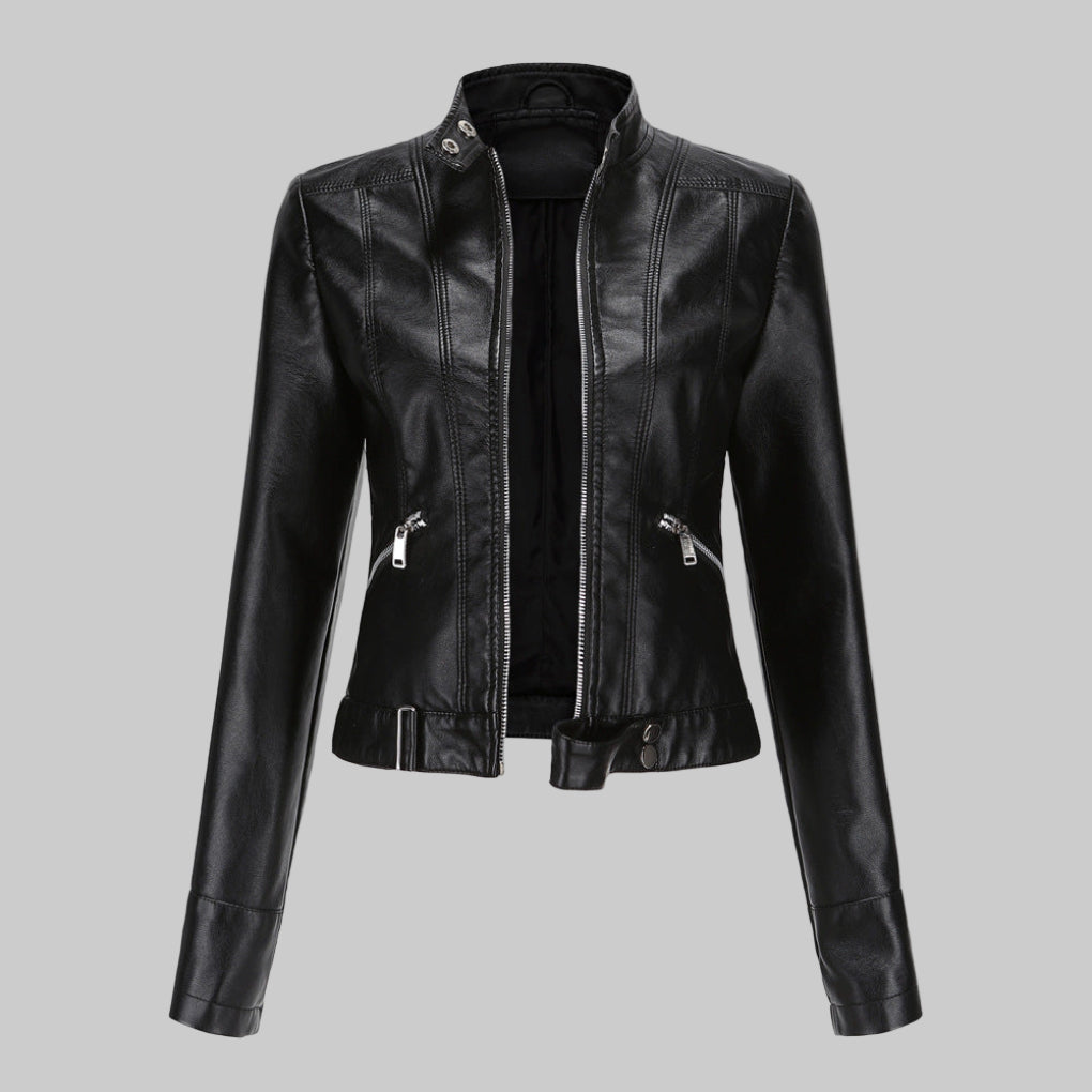 Women's Biker Jacket with High Collar and Zip Fastening - 1 - London-stylehouse.com