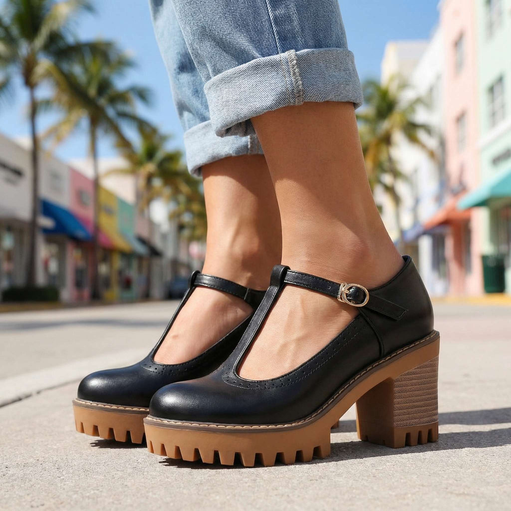 Mary Jane Heels for Women with T-Strap and Chunky Block Heel - 6 - London-stylehouse.com