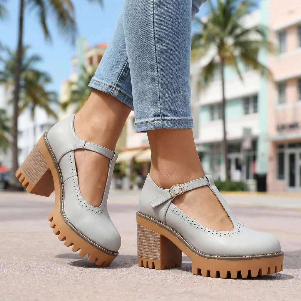 Mary Jane Heels for Women with T-Strap and Chunky Block Heel - 7 - London-stylehouse.com