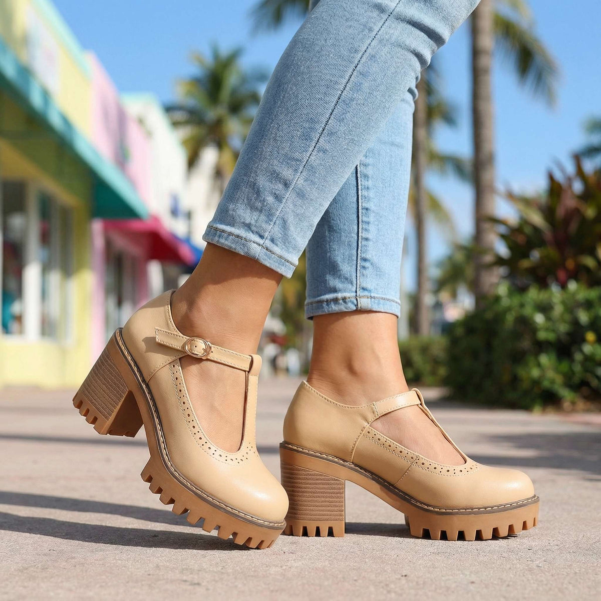 Mary Jane Heels for Women with T-Strap and Chunky Block Heel - 8 - London-stylehouse.com