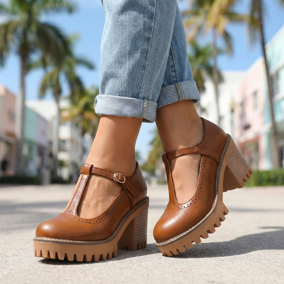 Mary Jane Heels for Women with T-Strap and Chunky Block Heel - 9 - London-stylehouse.com