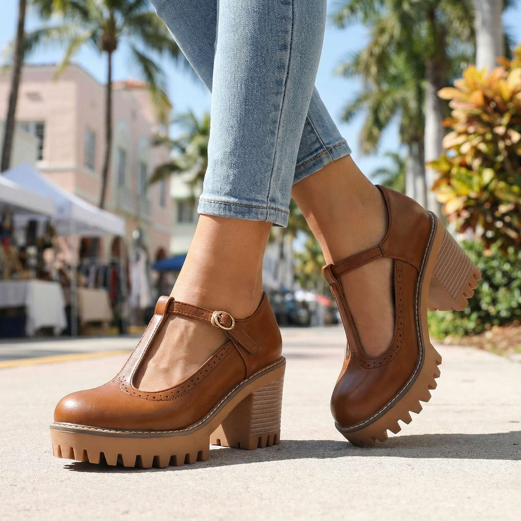 Mary Jane Heels for Women with T-Strap and Chunky Block Heel - 11 - London-stylehouse.com