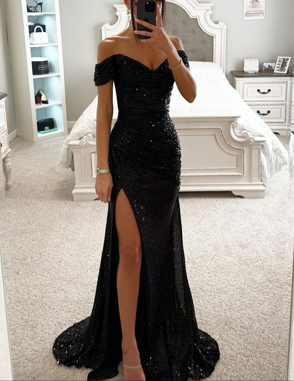 Evening Dress Women Off-Shoulder Cut with Side Slit and Ruched Detail - 6 - London-stylehouse.com