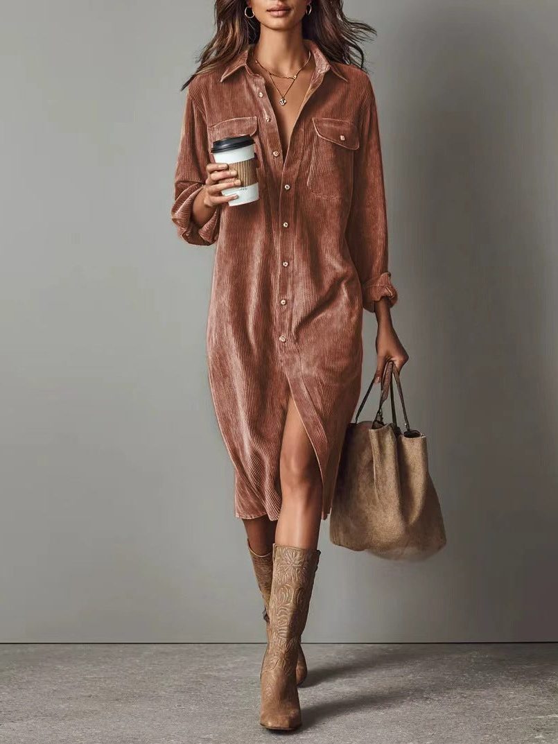 Shirt Dress Women's Midi Length with Side Slit and Functional Pockets - 1 - London-stylehouse.com