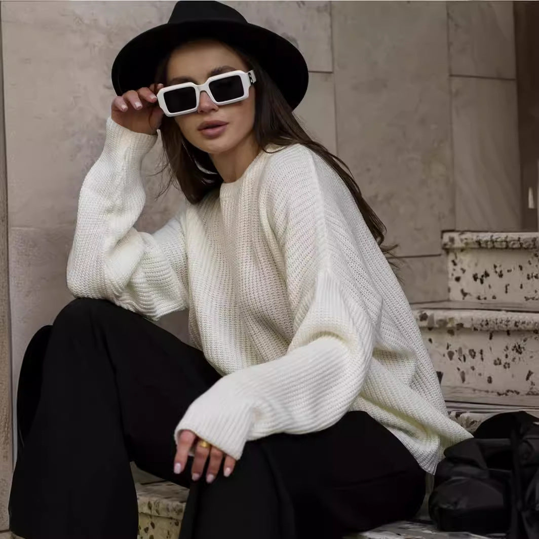 Oversized Women's Pullover with Ribbed Design and Round Neck - 1 - London-stylehouse.com