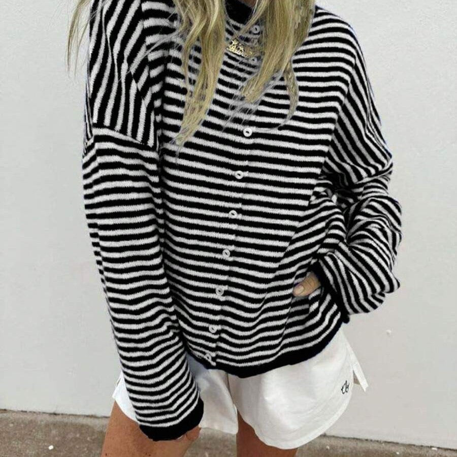 Striped Women's Cardigan with Long Sleeves and Button Closure - 1 - London-stylehouse.com