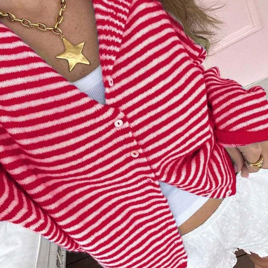 Striped Women's Cardigan with Long Sleeves and Button Closure - 8 - London-stylehouse.com