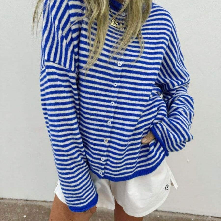 Striped Women's Cardigan with Long Sleeves and Button Closure - 9 - London-stylehouse.com