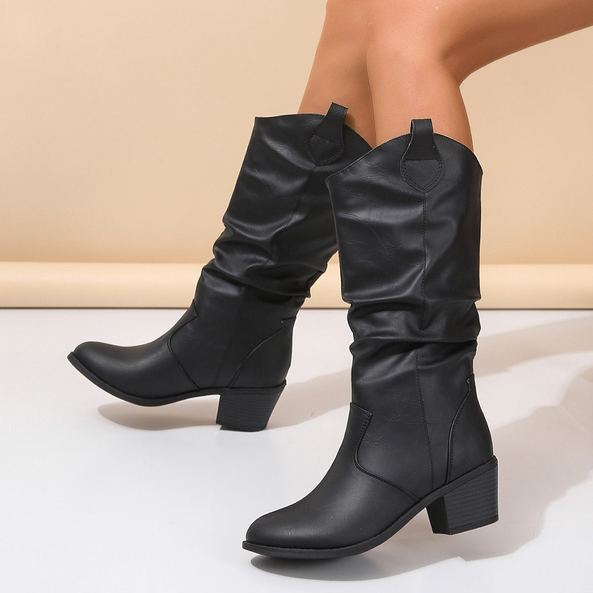 Women's Slouchy Knee-High Boots with Block Heel - 5 - London-stylehouse.com