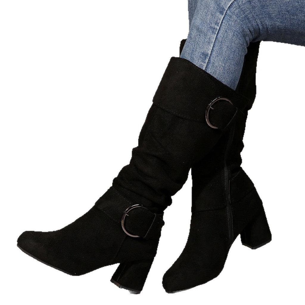 Knee-High Women's Boots with Chunky Heel and Stylish Buckle - 3 - London-stylehouse.com