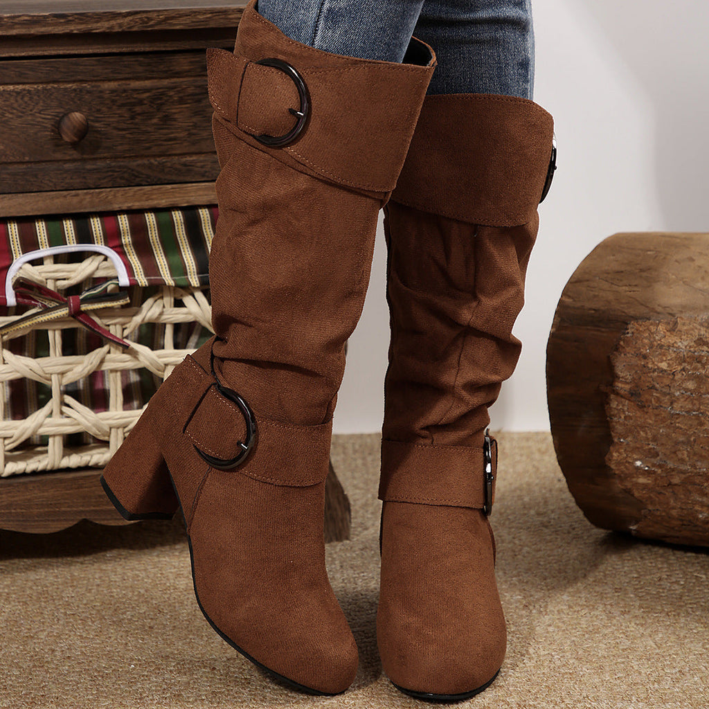 Knee-High Women's Boots with Chunky Heel and Stylish Buckle - 8 - London-stylehouse.com