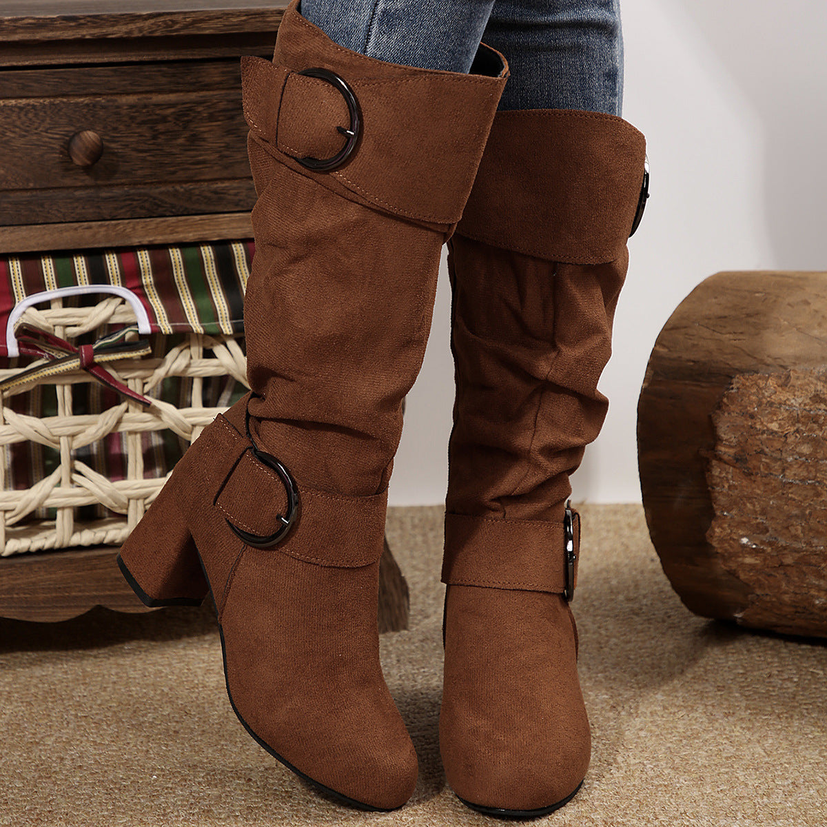 Knee-High Women's Boots with Chunky Heel and Stylish Buckle - 8 - London-stylehouse.com