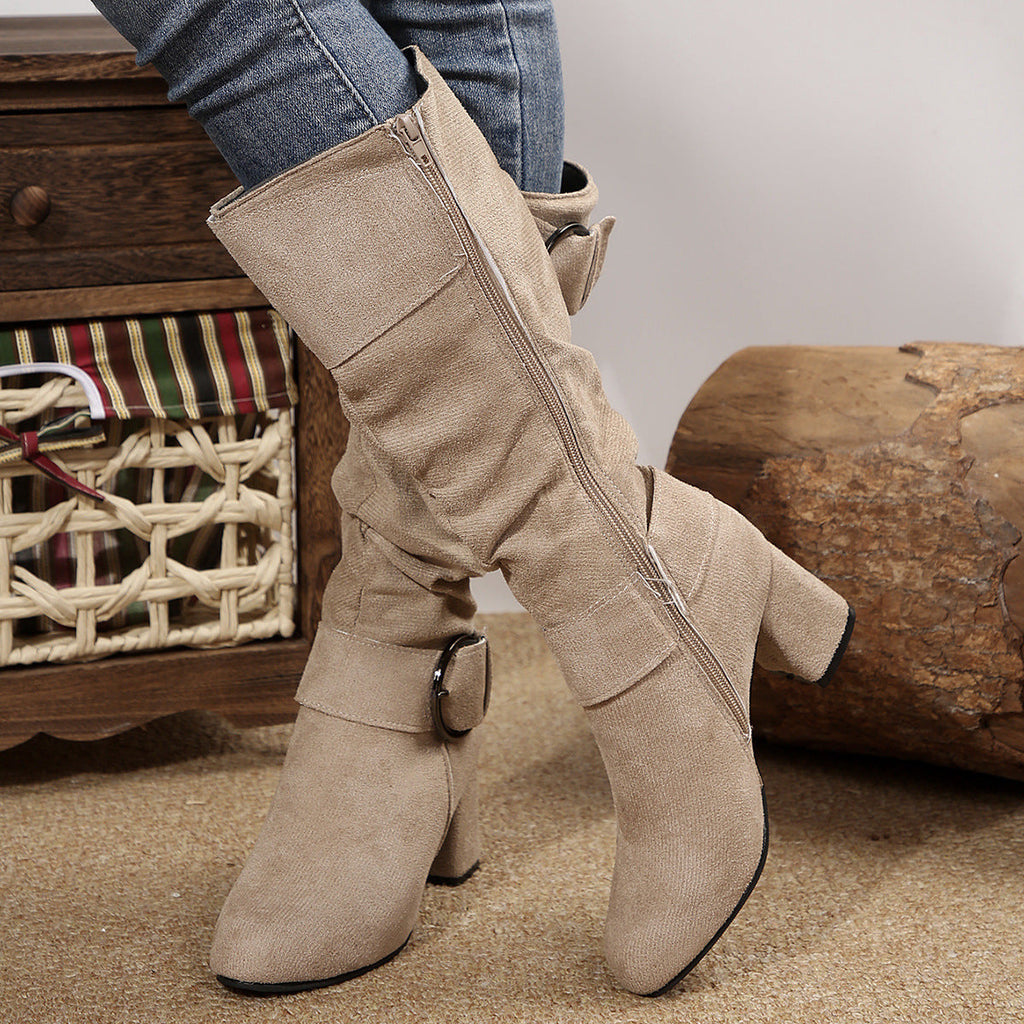 Knee-High Women's Boots with Chunky Heel and Stylish Buckle - 9 - London-stylehouse.com