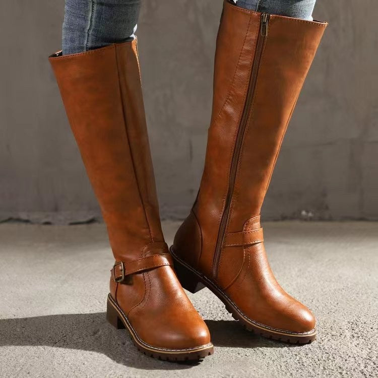 Knee-High Women's Boots with Buckle and Block Heel - 6 - London-stylehouse.com