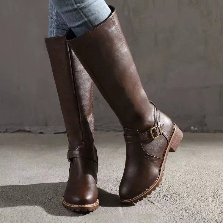 Knee-High Women's Boots with Buckle and Block Heel - 8 - London-stylehouse.com